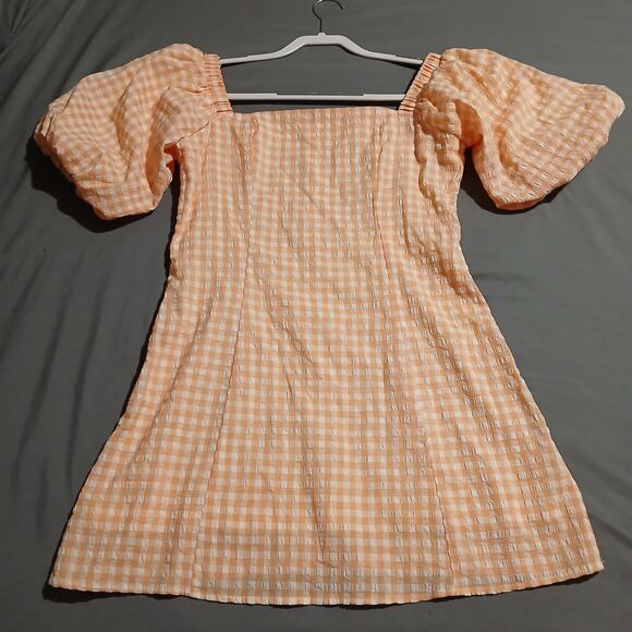 MABLE large peach seersucker gingham short puff sleeve fully lined mini-dress - Picture 1 of 14